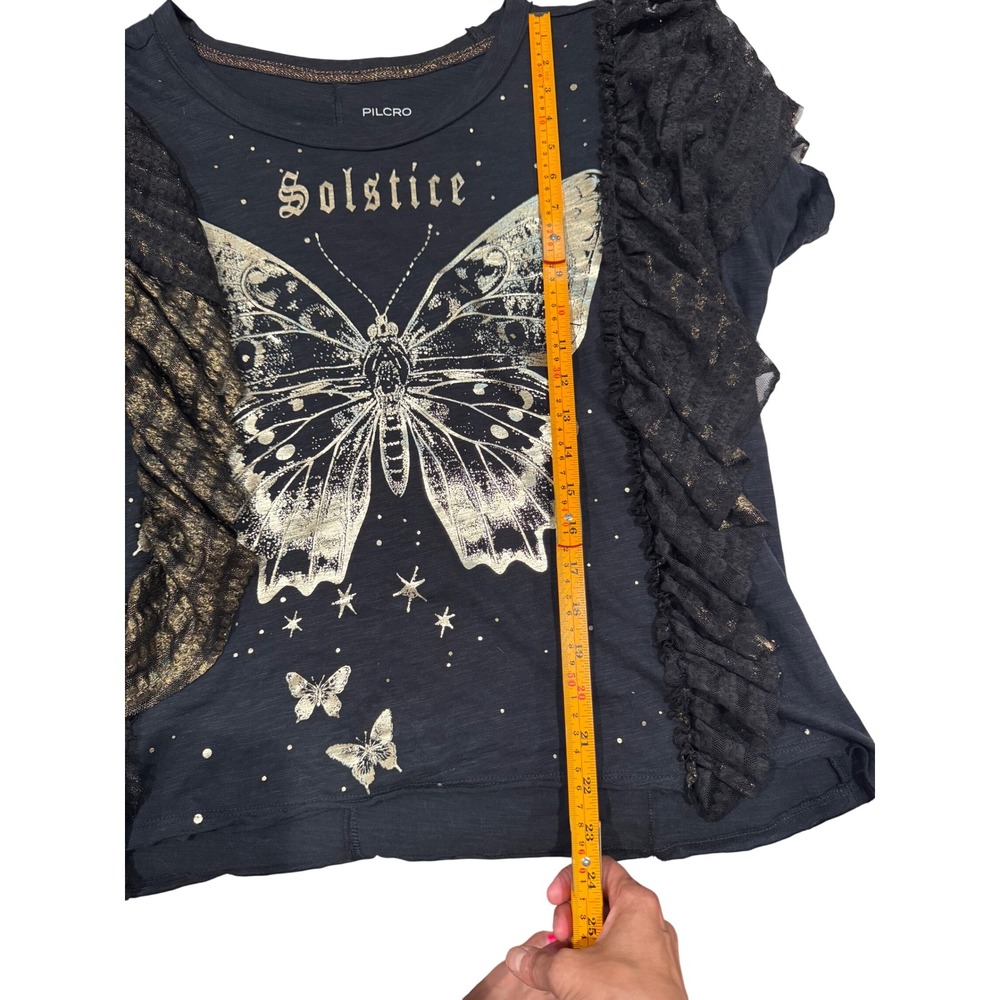 Pilcro Anthropologie Solstice Butterfly Graphic Tee Ruffle Lace Sleeve Black M - Picture 6 of 7